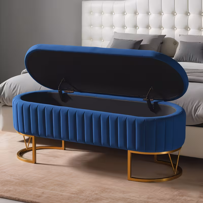 Modern 46”/46.5” (depending on orientation) Oval Velvet Storage Bench with Hinged-Lid Mechanism & Flip-Top Lid - Plush Upholstered Ottoman for End of Bed, Entryway, Living Room - Wood Frame & Luxury Design, Space-Saving Furniture (Standalone)