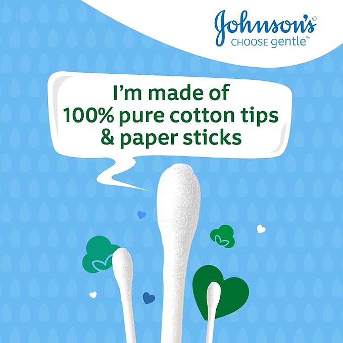 Johnson's Baby Cotton Buds (1 x Pack of 200) Soft & Gentle Ear Buds for Delicate Skin, Made of 100% Pure Cotton and Paper Sticks, Plastic-Free to Clean Delicate Areas, Around Eyes and Outer Ear