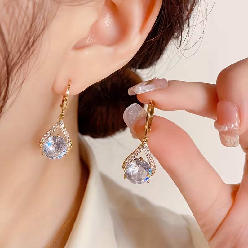 Trendy Minimalist Style Hoop Earrings, Luxury Glitter zirconia Decor Waterdrop Shaped Shiny Hoop Earrings Ear Buckle
