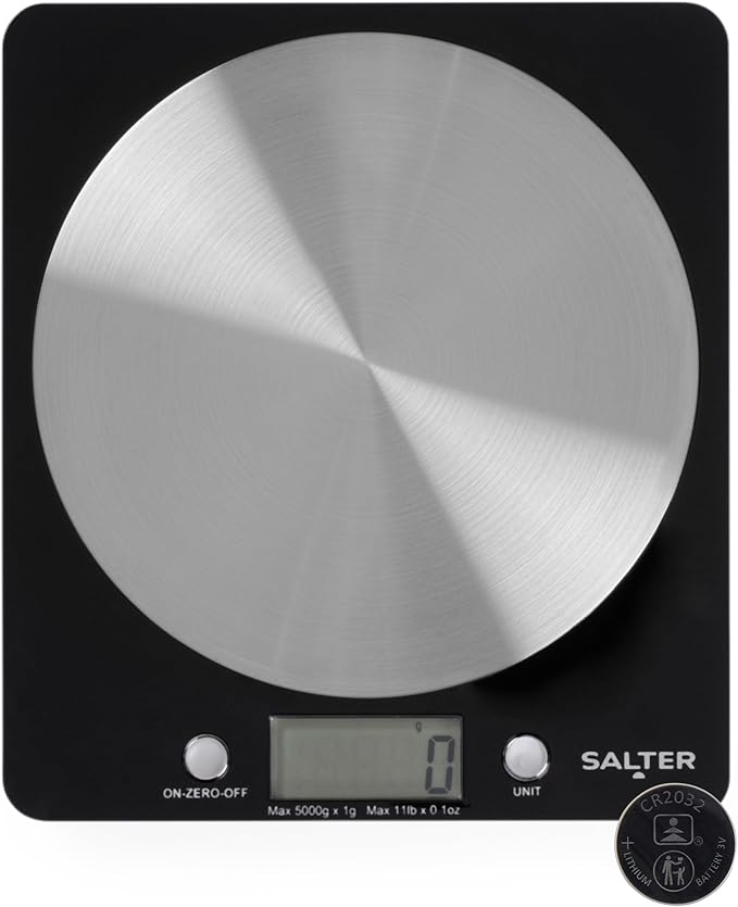 Salter 1036 BKSSDR Digital Kitchen Scale – Cooking & Baking Scales for Food Weight, Stainless Steel Weighing Platform, 5KG Capacity, Tare Function, Large LCD Easy Read Display, Measure Liquids, Black