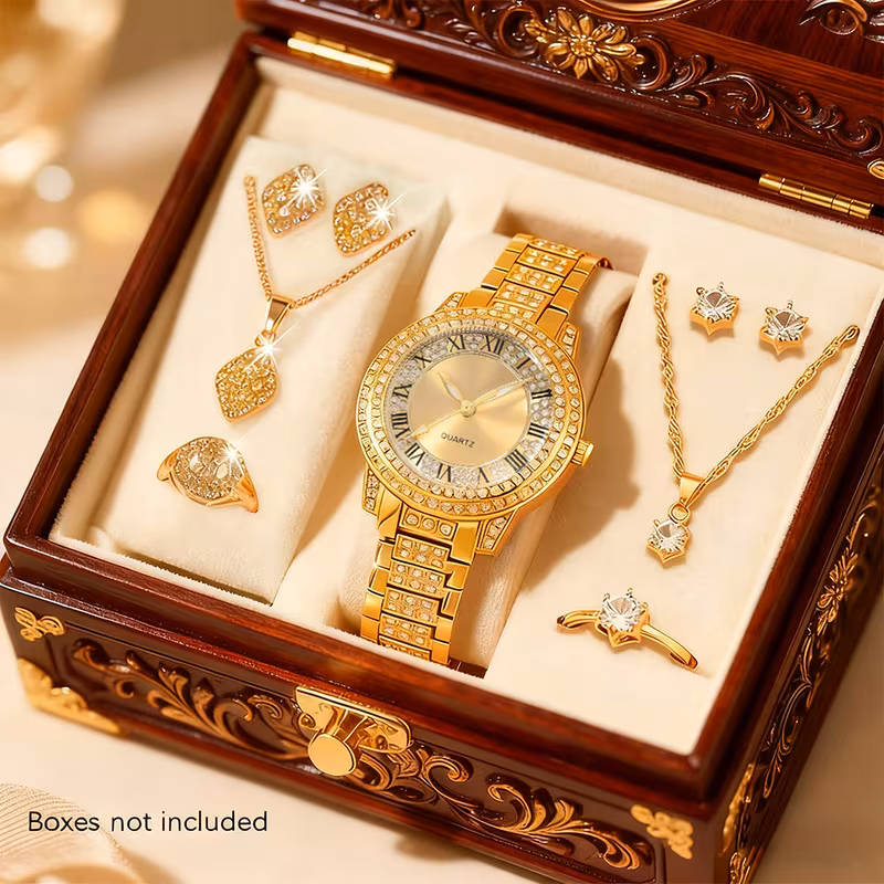 9pcs Set: Women's Fashion Elegant Quartz Jewelry Watch + 2 Sets of New Shiny Necklaces, Rings, and Earrings. Suitable for Valentine's Day, Easter, Halloween, Ramadan, Birthdays, Christmas, New Year, Daily Wear, and Bohemian Style. Alloy Case, Quartz