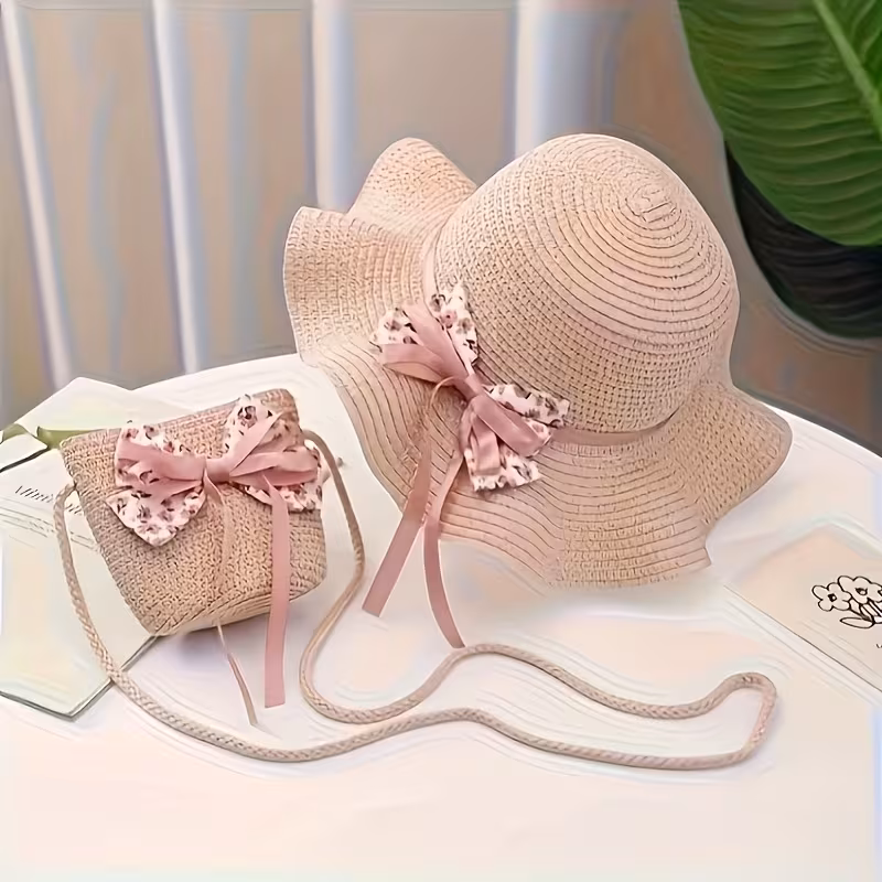 2Pcs/Set Summer Bow-Decorated Sun Hats with Mini Coin Crossbody Bag, Wide Brim Sun Hat, Lightweight Breathable Beach Hat & Purse Set, Fashionable Matching Set for Outdoor Trips Beach Vacations Travel Camping, Essential Summer Beach Outdoor Accessories