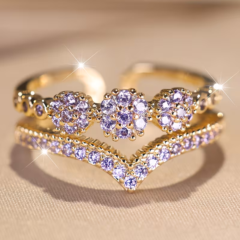 ANGOL a Double-Layer V-Shaped Purple Synthetic Zirconia Opening Ring Women'S Fashion Versatile Ring Suitable for Parties, Weddings, And Daily Wear