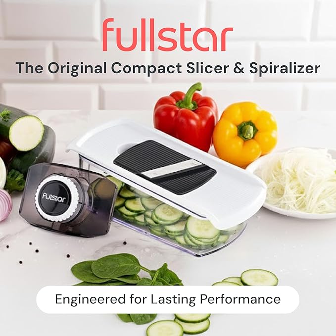 Fullstar Kitchen Mandoline Vegetable Slicer - Mandoline Slicer Spiralizer & Julienne Cutter for Veg Cucumber Onion Potato Carrot - Cheese Grater - Kitchen Tools & Gadgets (PRO 6-in-1, White)