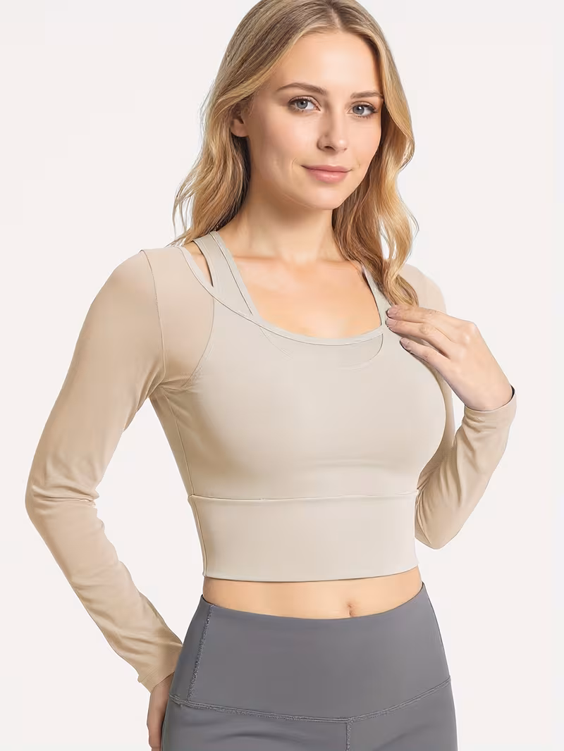 Soyun Women's Mesh 2-in-1 Look Long Sleeve Yoga Top with Chest Pad, Fitness T-Shirt, Design, Suitable for Yoga, Running, Fitness, Sports, Cycling