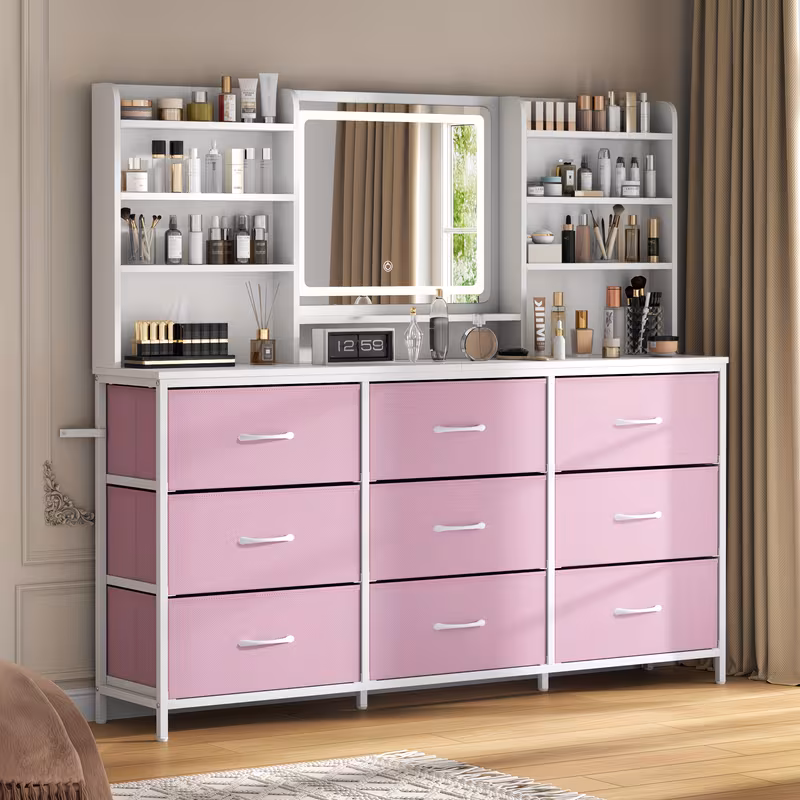 Dressing Table Featuring a Spacious Mirror, Equipped with Nine Fabric Drawers And Eight Storage Shelves, Ideal for Women And Girls, with Adjustable Lighting