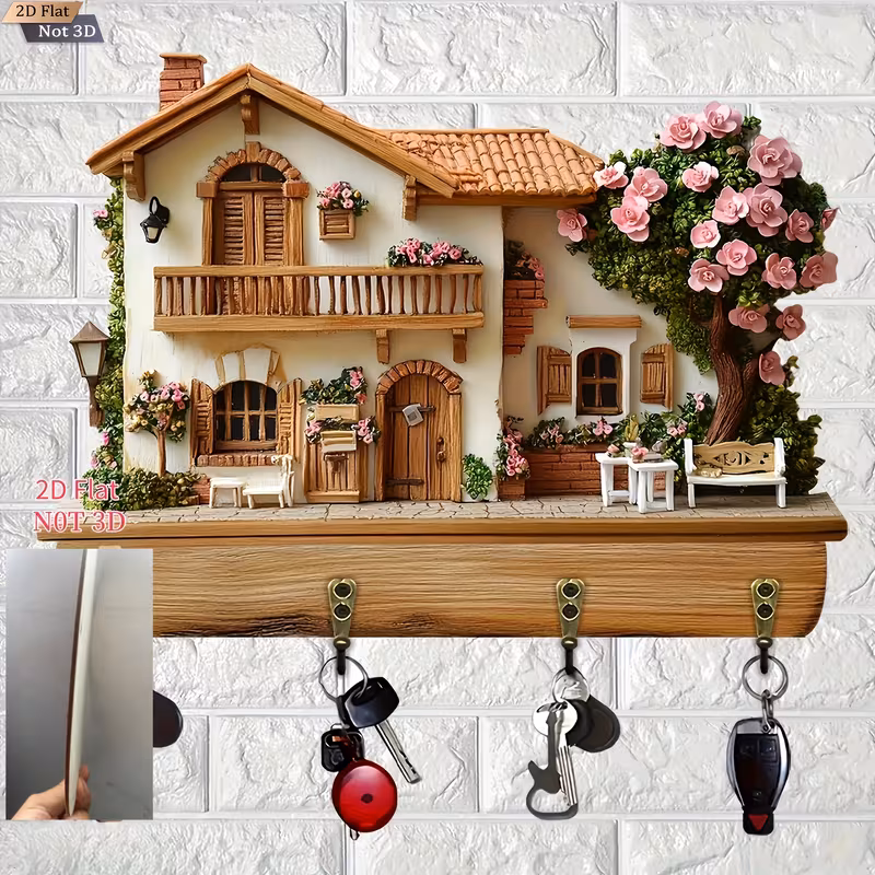 2D Flat Retro Cottage Wooden Key Rack with 4 Metal Hooks - Rustic Wall Decor for Home, Porch, Villa - Versatile Seasonal Decoration, No Electricity Required, Easy to Install, Key Holder Wall Decor, Porch Decor, 1pc