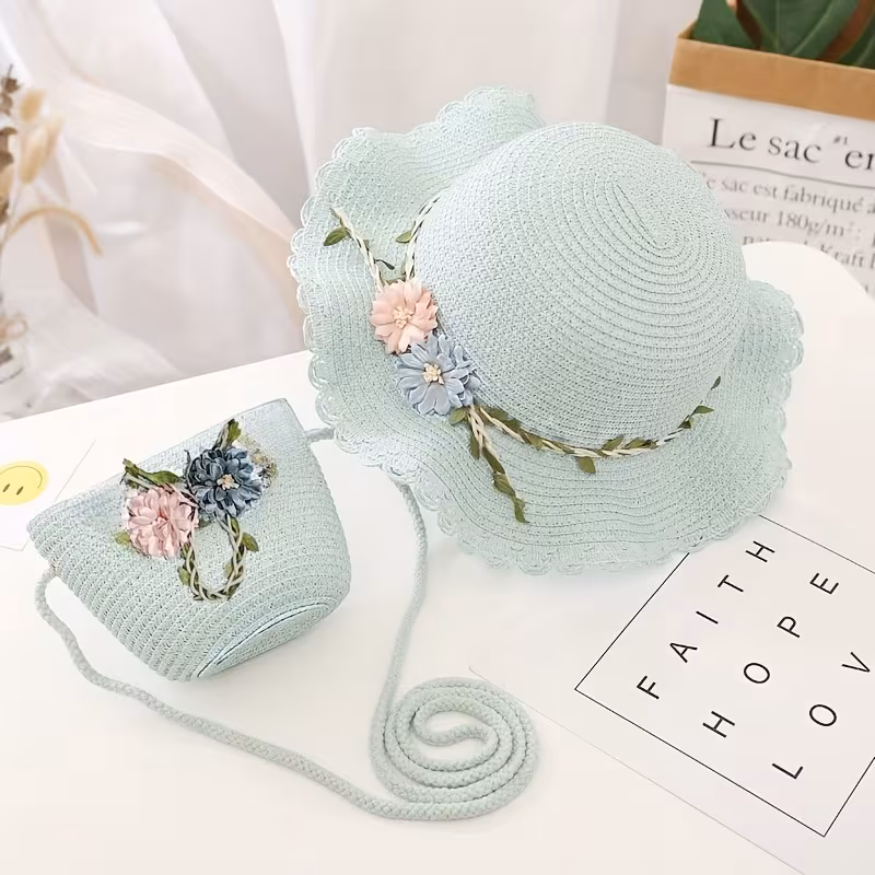 Set of 2pcs/Straw Hat And Bag with Floral Lace Trim/Perfect for Outdoor Activities/Spring And Summer Vacations at The Beach
