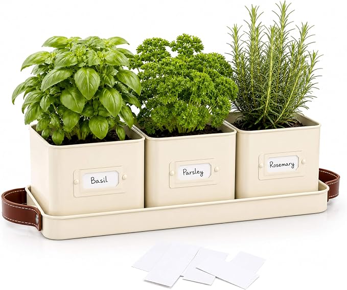 ADEPTNA 3 Pot Metal Herb Planter Set with Tray & Label Holders Indoor Outdoor Herb Kitchen Windowsill Garden Patio Herb Plant Pots with Handles for Basil Parsley Rosemary Includes Labels (WARM STONE)