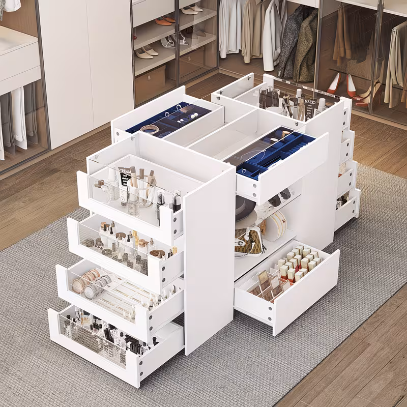 Wardrobe Island Featuring 12 Drawers, Spacious Walk-In Design with a Glass Surface And Display Shelf, Ideal for Jewelry Storage in a Bedroom Or Dressing Area