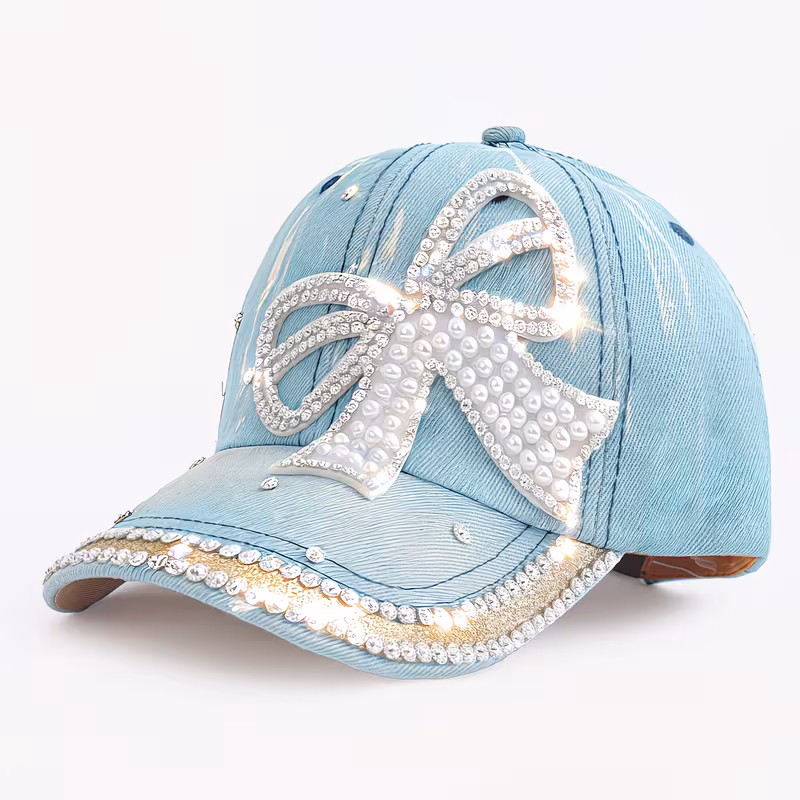 1pc Adult Women's Glam Faux Rhinestone & Bow Embellished Baseball Cap, Vintage Distressed Versatile Outdoor Sun Hat, Ideal for Spring & Summer Daily Outings & Styling, Great Gift Choice