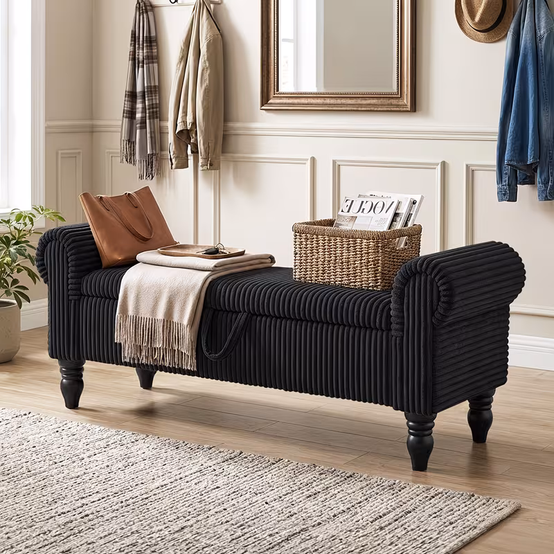 ATOMHAUS Upholstered Storage Bench for Bedroom End Of Bed Rolled Armed Corduroy Linen Fabric Ottoman Couch Long Bench Window Sitting Fireplace Toy Storage Bench Living Room Furniture