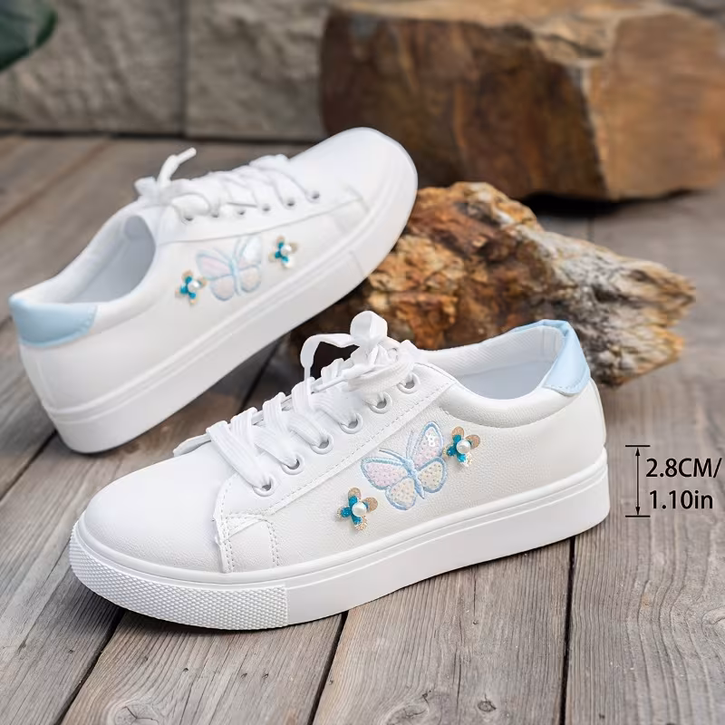 MINZHE YL Women's 3cm Low-Top Sneakers Suitable for - Wear, Faux Cover Lace-Up Shoes with Butterfly Pattern, Round Toe & Sole, Cushioned Comfortable for Casual, Office, Everyday Use - Minimalist, Women Shoes