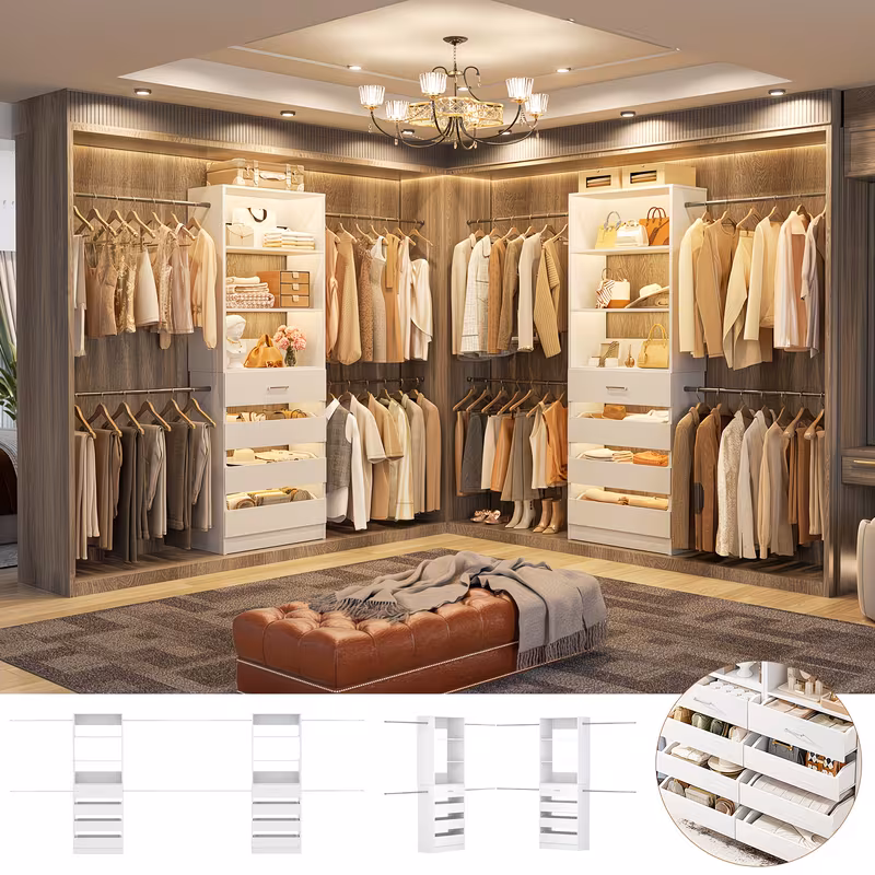 2pcss Set - Wardrobe Cabinet with Drawers, Closet Organizer, Wooden Wardrobe, Walk-In Closet, Built-In Wardrobe Cabinet, 4-9 Feet Wardrobe System 2pcss Set, Closet Organization System with 8 Drawers And 8 Hanging Rods