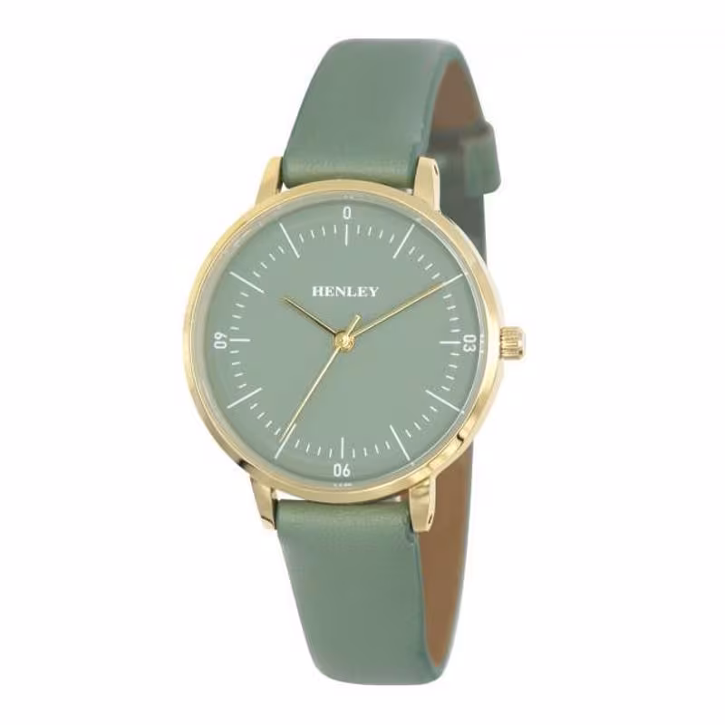 Henley Ladies Minimalistic Polished Round silver tone case Sage Green Leather Strap Watch H06184.11