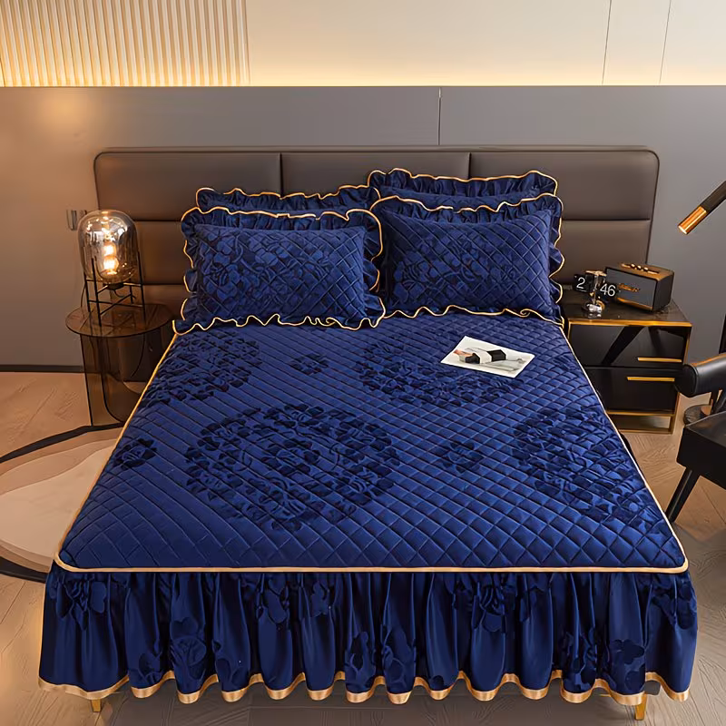 Vintage Style Quilted Fleece Bed Skirt Set with Two Pillowcases - Machine Washable, Warm Embossed Velvet Bedspread with Bed Mattress Protector, Cozy Bedroom Decor, 100% Polyester Crafted, 120-140gsm