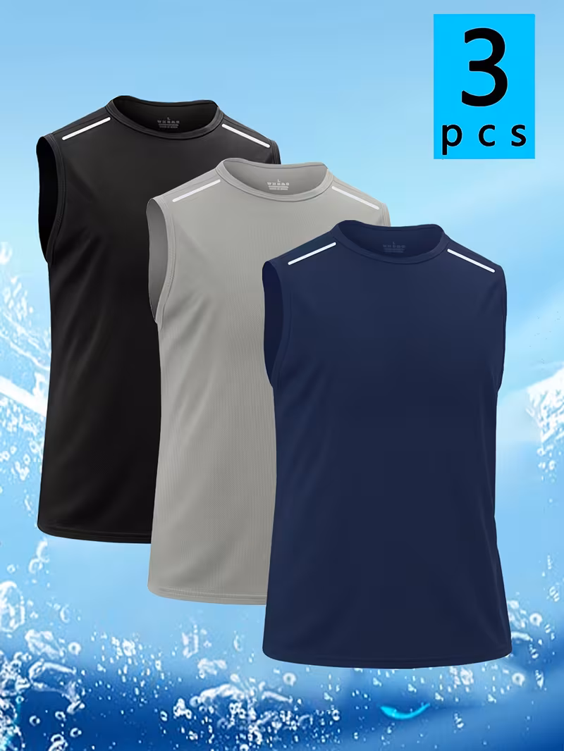 3-Piece Men's Reflective Quick-Dry Breathable Lightweight Sleeveless Vest - Sweat-Wicking Athletic Tank Top Suitable for Gym, Running, and Casual Wear, Round Neck Striped Sleeveless Vest Available in Black/Gray/Navy Blue, Designed with Fashionable