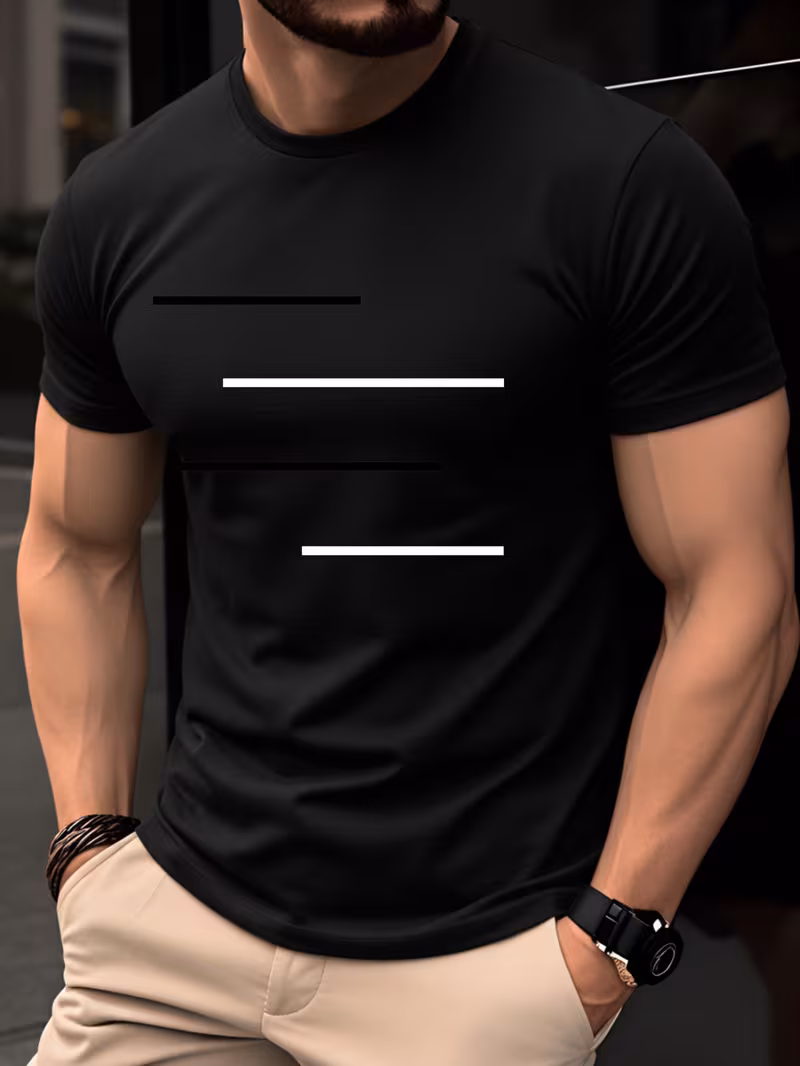 100% Men's T-Shirt, Summer Short Sleeve Thin Top, Trendy Slim Fit, Versatile Casual Daily Commute, Black and White Line Minimalist Geometric Pattern Design