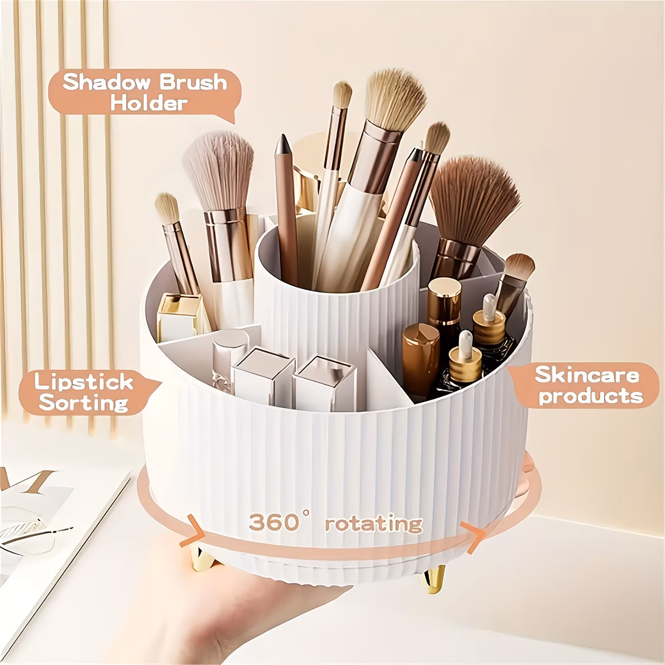 360° Rotating Multi-Functional Makeup Organizer | 1pc Plastic Cosmetic Storage with 5 Compartments - Holder for Brushes, Lipsticks, Skin Care Products