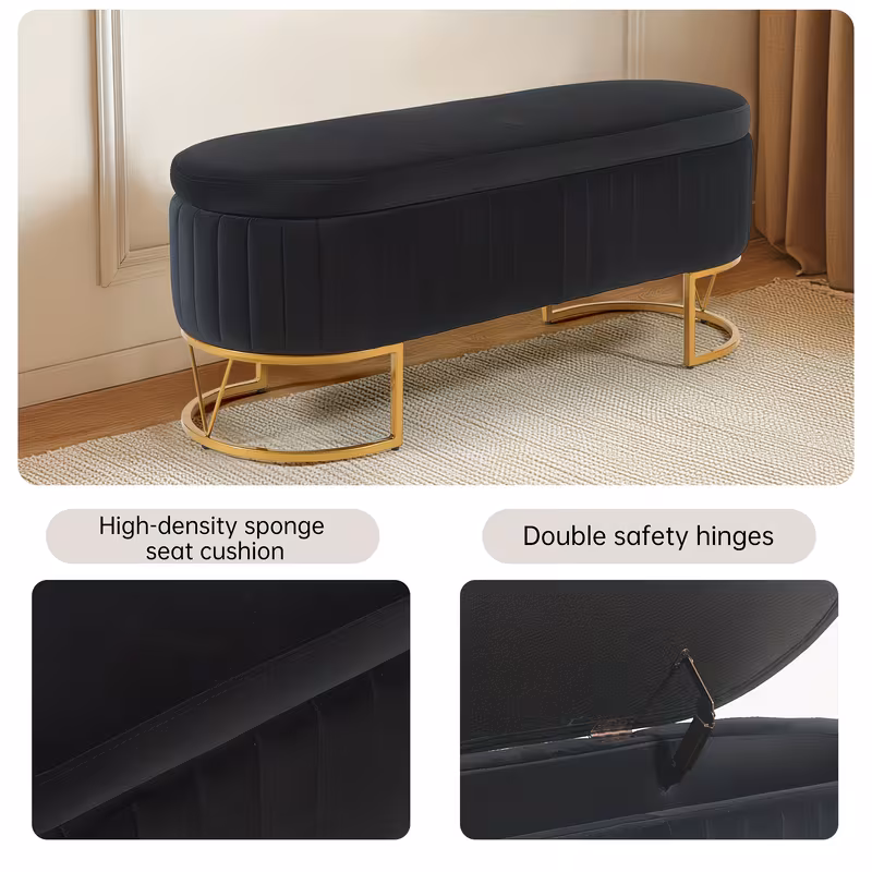 Modern 46”/46.5” (depending on orientation) Oval Velvet Storage Bench with Hinged-Lid Mechanism & Flip-Top Lid - Plush Upholstered Ottoman for End of Bed, Entryway, Living Room - Wood Frame & Luxury Design, Space-Saving Furniture (Standalone)
