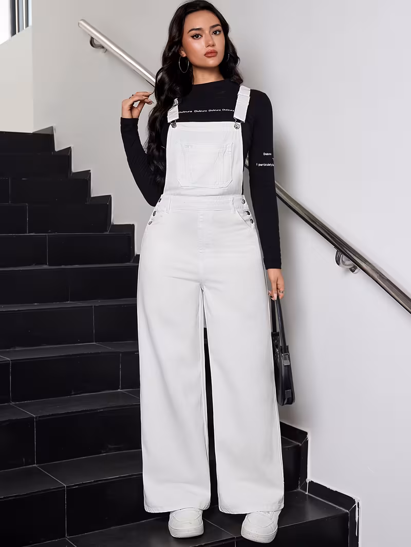 Women's White Fashionable Elegant Denim Overalls
