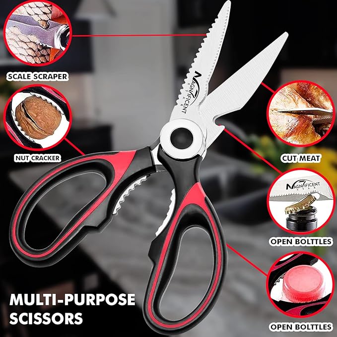 Magnificent Kitchen Scissor, Heavy Duty Scissors for Kitchen Use with Safety Cover & Soft Grip & Multi-Functional Utility Scissors, Shears for Meat Poultry Herbs Cutting, Bottle Jar Opener