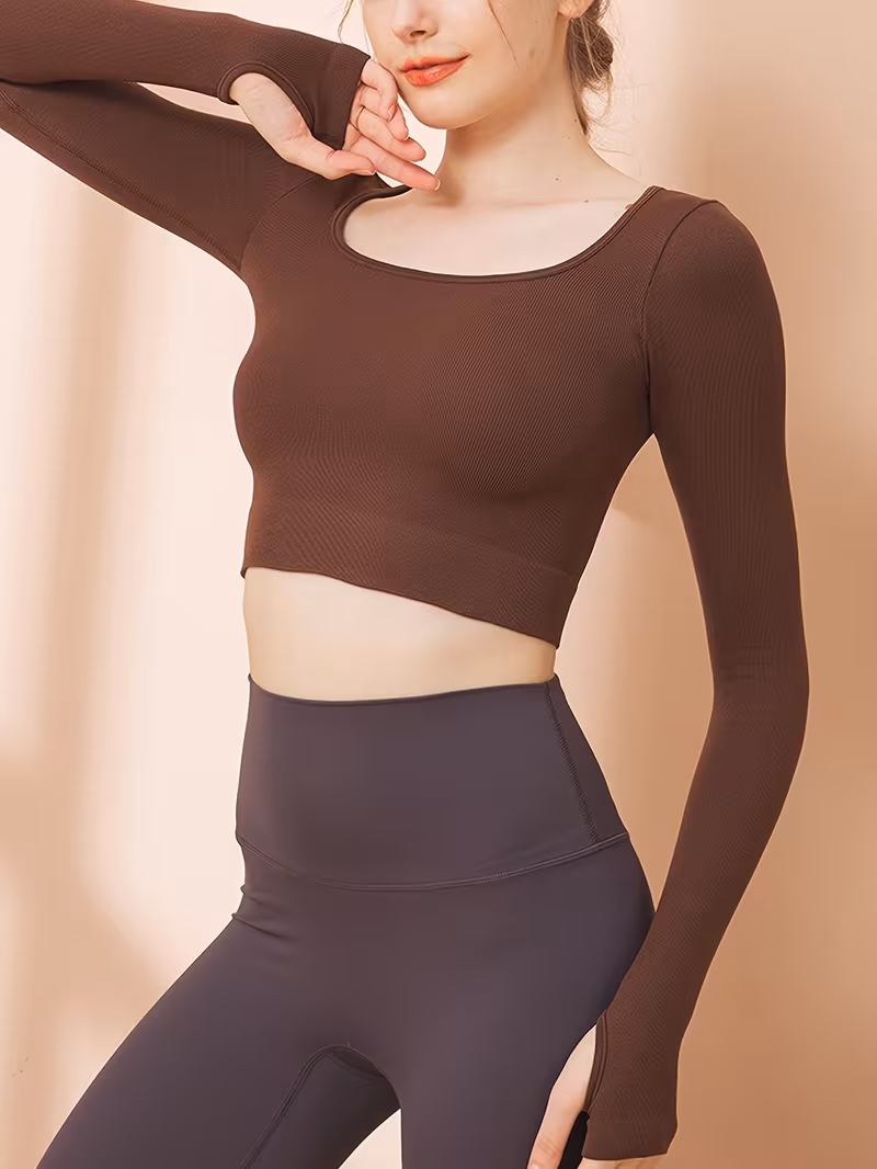 Women's Solid Color Boat Neck Long Sleeve Ribbed Knitting Cropped Top, High Stretch Casual Sexy T-shirt For Yoga Running Workout, Women's Activewear