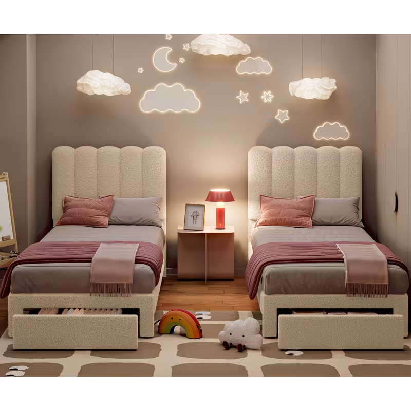 Modern Teddy Velvet Bed Frame Twin Size with Storage Drawer Headboard - Wavy Vertical Line Panel, Sturdy Slat Support System & Frame Suitable for Bedroom, No Box Spring Needed, Assembly Required for or Room