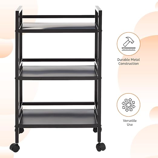 Amazon Basics Kitchen Trolley Metal Serving Cart With 3 Tier Storage, Black