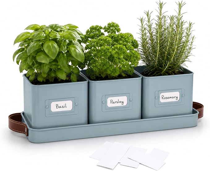 ADEPTNA 3 Pot Metal Herb Planter Set with Tray & Label Holders Indoor Outdoor Herb Kitchen Windowsill Garden Patio Herb Plant Pots with Handles for Basil Parsley Rosemary Includes Labels (WARM STONE)