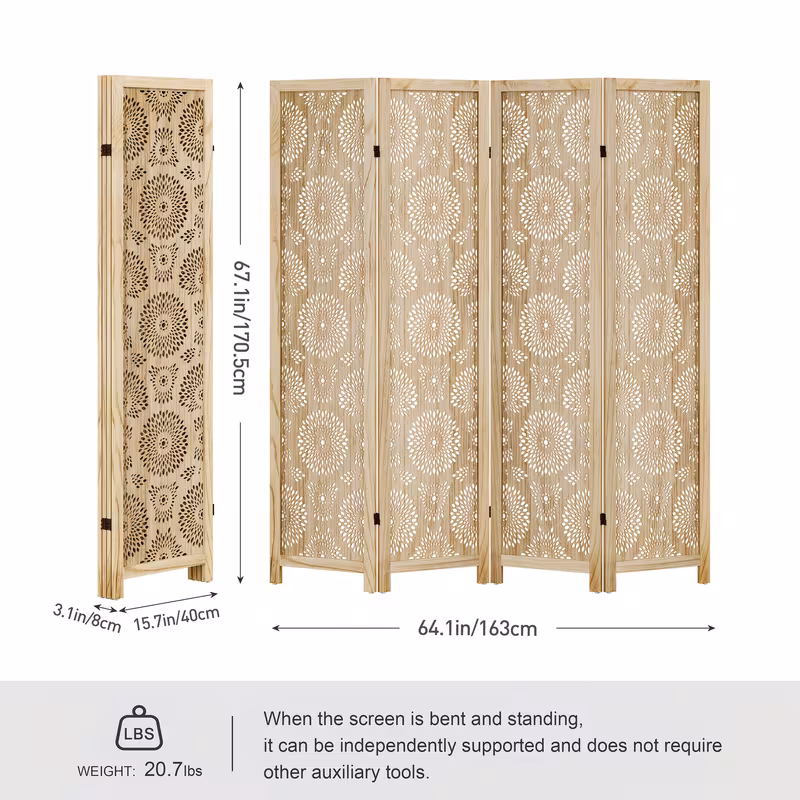 Boho Room Divider 96.4'' W Portable Room Dividers And Folding Privacy Screens, 8 FT Wood Divider for Room Separation, 4/6 Panel Partition Room Dividers Freestanding Wall Divider Screen for Dorm Studio Office, Natural Wood