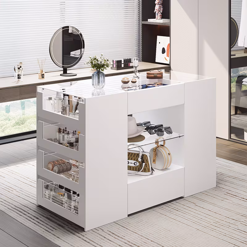 Wardrobe Island Featuring 12 Drawers, Spacious Walk-In Design with a Glass Surface And Display Shelf, Ideal for Jewelry Storage in a Bedroom Or Dressing Area