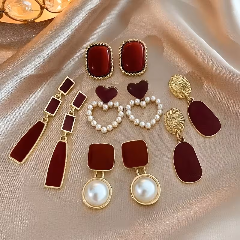Five-Pair/Set Women's Fashion Jewelry Set, French-Style Vintage Burgundy Geometric Irregular Imitation Pearl Heart Stud Earrings, Suitable for Women's Daily Casual Wear and Holiday Gifts