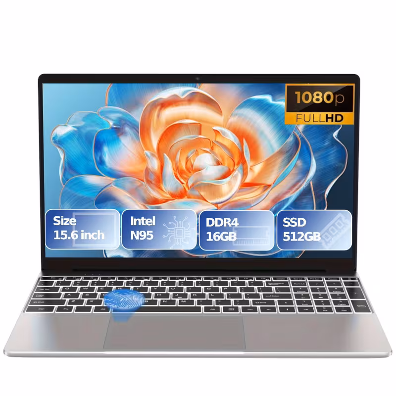 15.6 inch Laptop, N95 Notebook, 16GB DDR4, 512GB SSD, Fingerprint Unlock, Backlit Keyboard, 1920x1080 Screen, Mutiful Interface, Conpatible with Work, Study and Entertainment