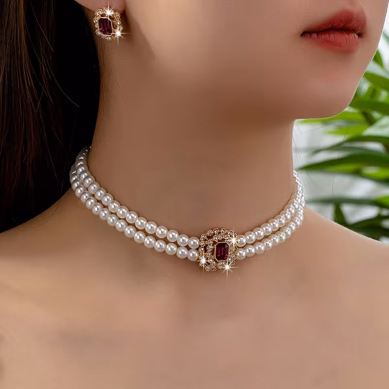 1 Set of European and American Fashion Jewelry, Double-layer Elegant Geometric Women's Stud Earrings and Necklace Set