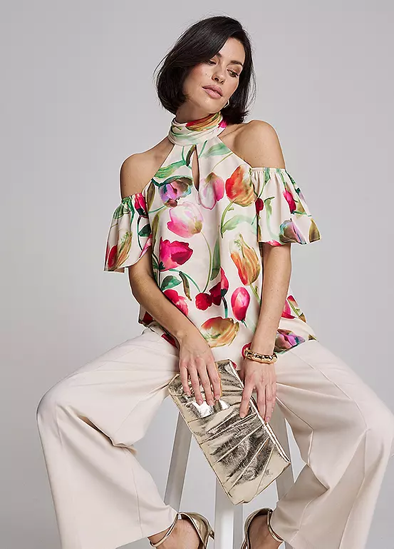 Kaleidoscope Floral Print Cold Shoulder Blouse