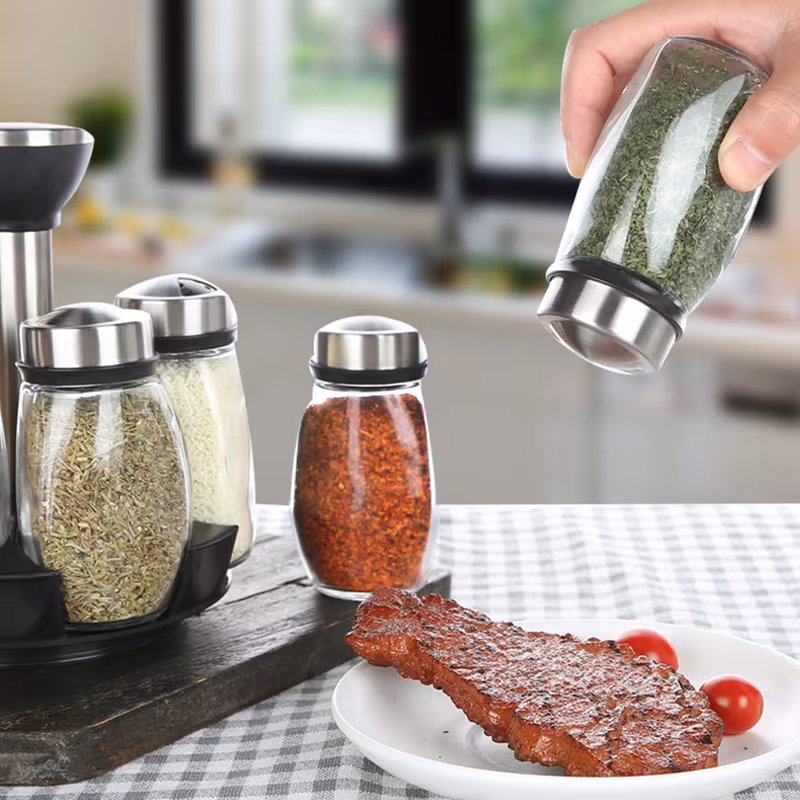 6-Jar Revolving Spice Rack Organizer Holder, Kitchen Countertop Seasoning Stand, Rotating Spice Rack with Stainless Steel Lid, Rotating Seasoning Organizer, Black