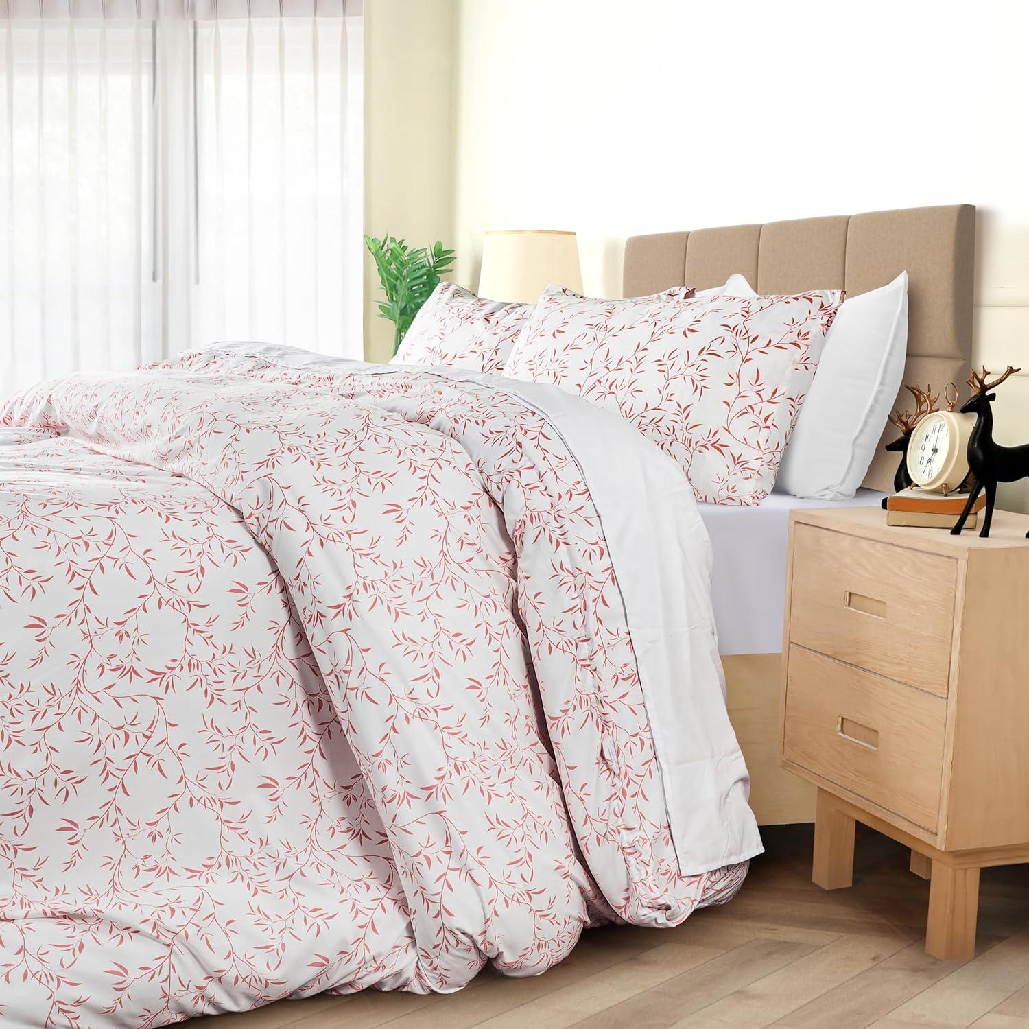Utopia Bedding Double Vines Coral Print Duvet Cover Set - Soft Microfibre Polyester - Bedding Quilt Cover Set
