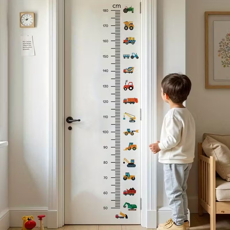 Modern Cartoon Construction Vehicle Growth Chart Wall Decal - Peel & Stick Baby Measurement Sticker with Vibrant PVC Decals for Boys Room, Nursery, Playroom Decor - Educational Kids Room Decor & Birthday Gift Idea, Baby Stickers, Semimatte Finish