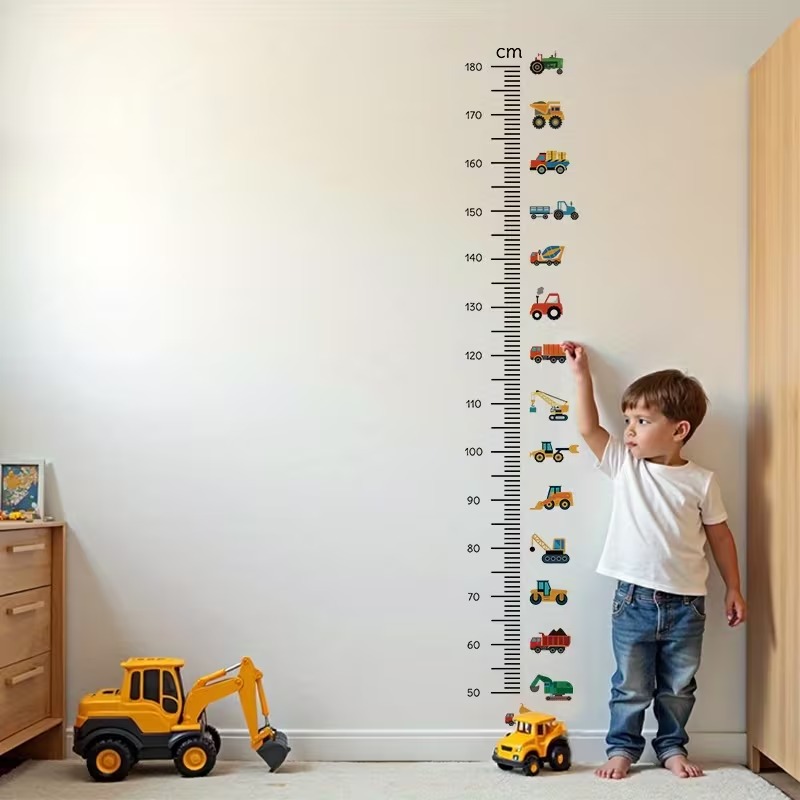 Modern Cartoon Construction Vehicle Growth Chart Wall Decal - Peel & Stick Baby Measurement Sticker with Vibrant PVC Decals for Boys Room, Nursery, Playroom Decor - Educational Kids Room Decor & Birthday Gift Idea, Baby Stickers, Semimatte Finish