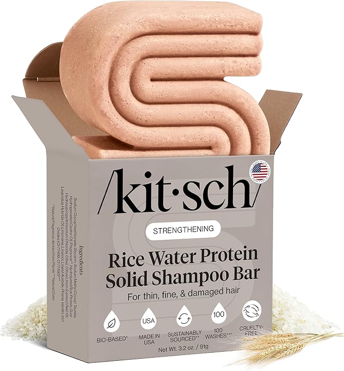 Kitsch Shampoo Bar with Rice Water 91g – Solid Bar Shampoo for Hair Thickening, Strengthening and Moisturizing, Rice Water shampoo bars for Thinning Hair, Paraben-Free, Hair Care