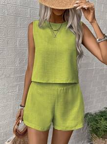 2pcs Women Floral Print Round Neck Sleeveless Shirt And Shorts Casual Set, Perfect For Vacation