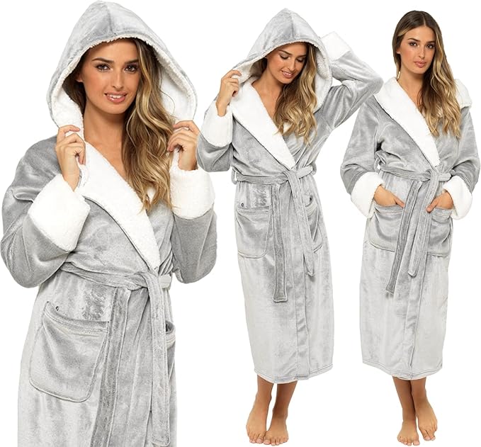 KATE MORGAN Ladies Dressing Gown Fluffy Super Soft Hooded Bathrobe for Women Plush Fleece Perfect Loungewear Long Robe | Gifts for Women